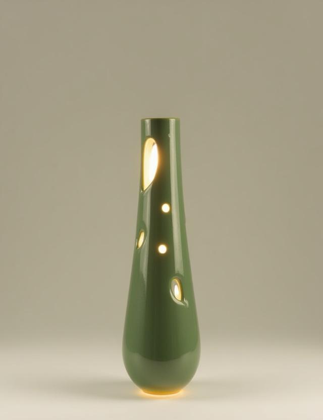 Skoglys-lampen, en høy, slank keramisk lampe med grønn glasur.